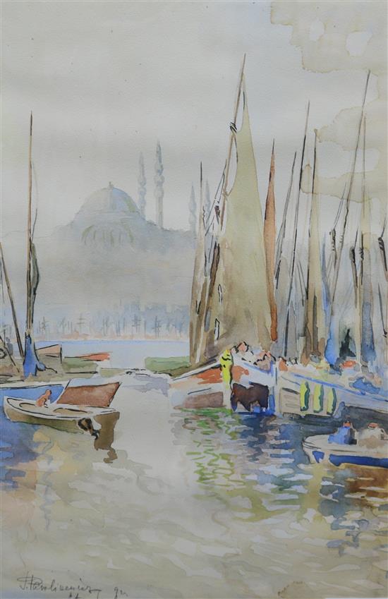 J. Pavlikevitch (Russian, active c.1900), watercolour, The New Mosque from the Golden Horn, Istanbul, signed, 44 x 29cm